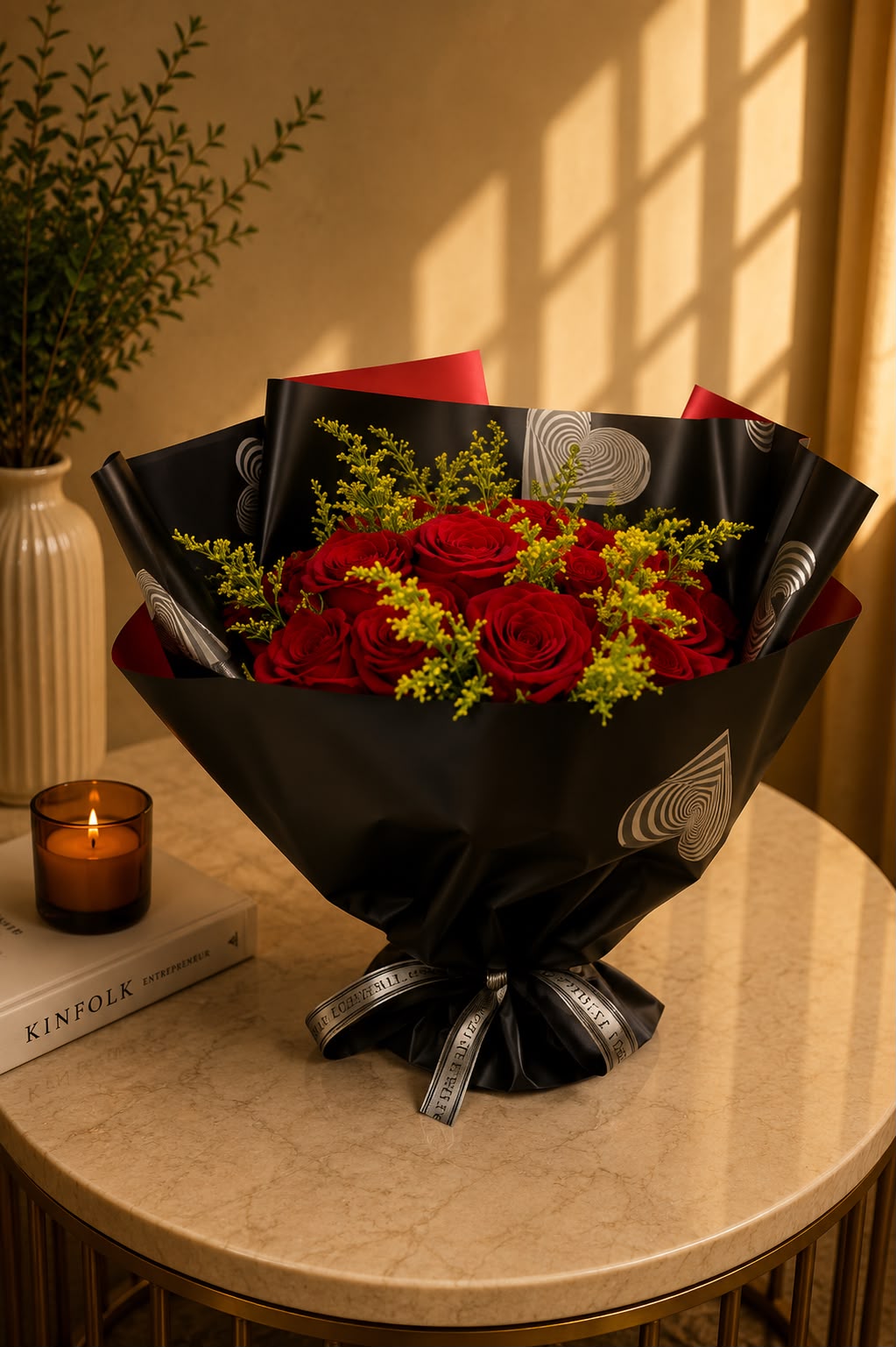 Valentines Special: red and yellow rose, solidago in a bouquet