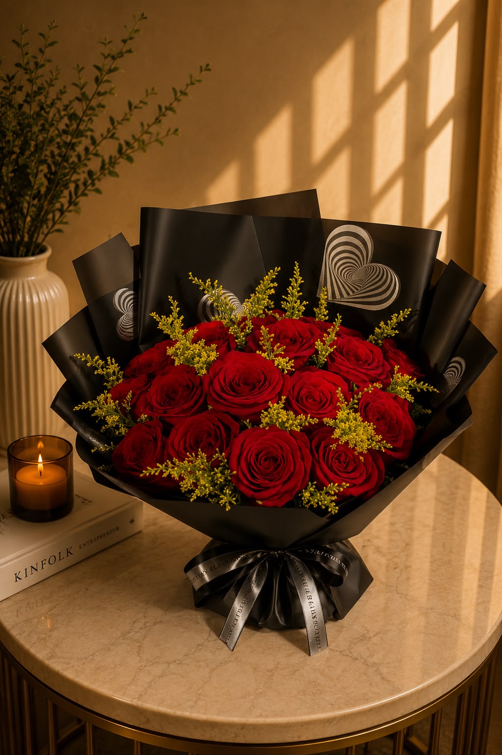 Valentines Special: red and yellow rose, solidago in a bouquet (view 2)