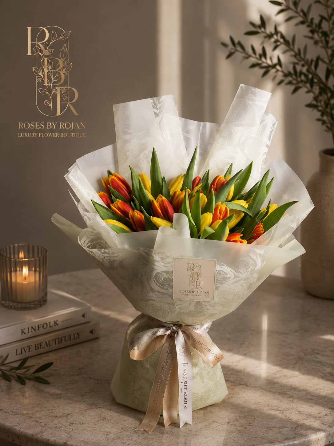 Golden Sunrise Tulip: orange and yellow tulip in a bouquet