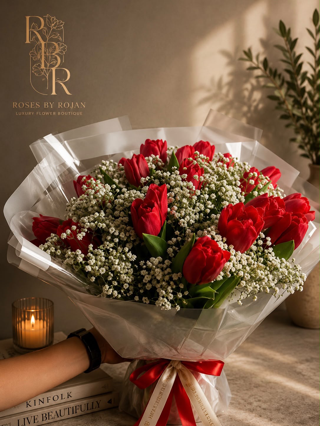 Ruby Whisper Tulip: red tulip, gypsophila in a bouquet