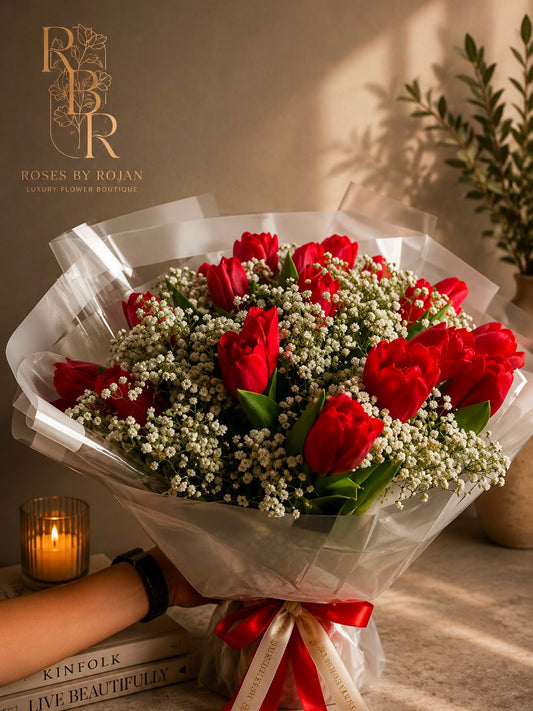Ruby Whisper Tulip: red tulip, gypsophila in a bouquet