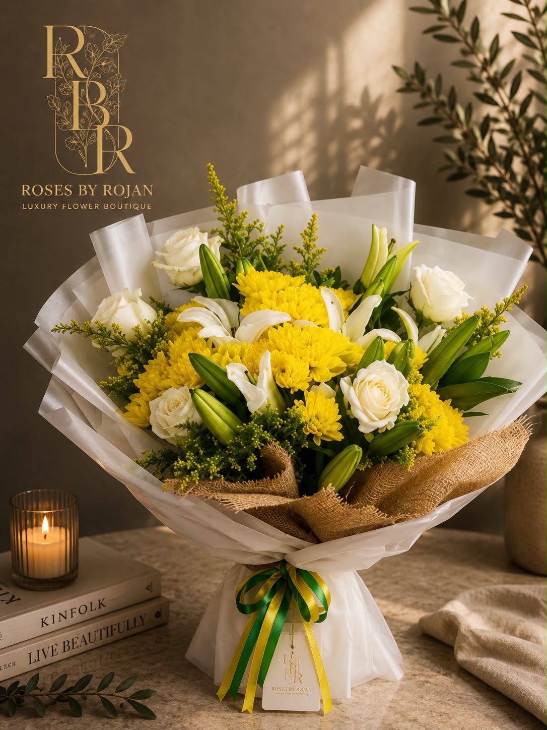 Sunlight Harmony: yellow chrysanthemum, lily, rose in a bouquet