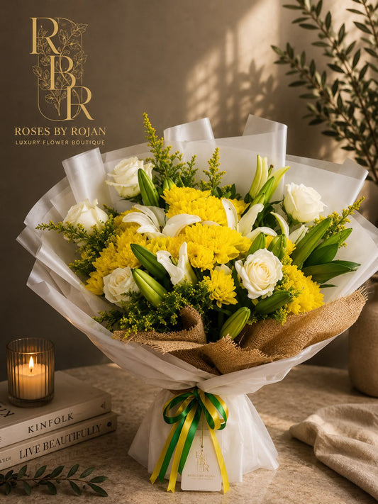 Sunlight Harmony: yellow chrysanthemum, lily, rose in a bouquet