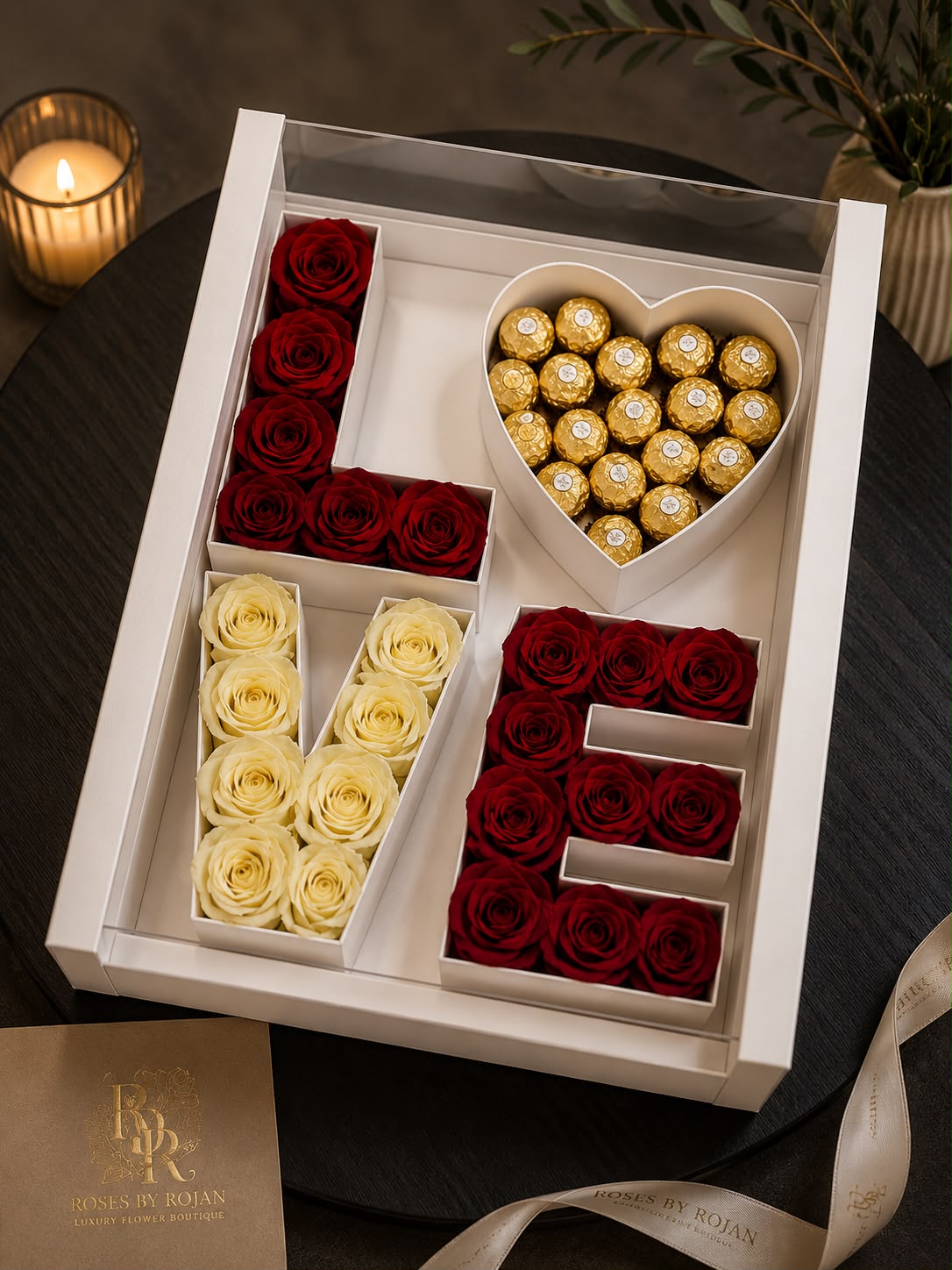Box of Love: red and white rose in a gift box