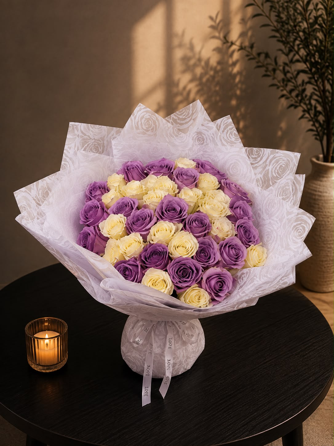 Lavender Buttercream: lilac and white rose in a bouquet