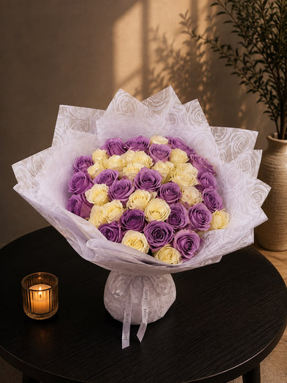 Lavender Buttercream: lilac and white rose in a bouquet