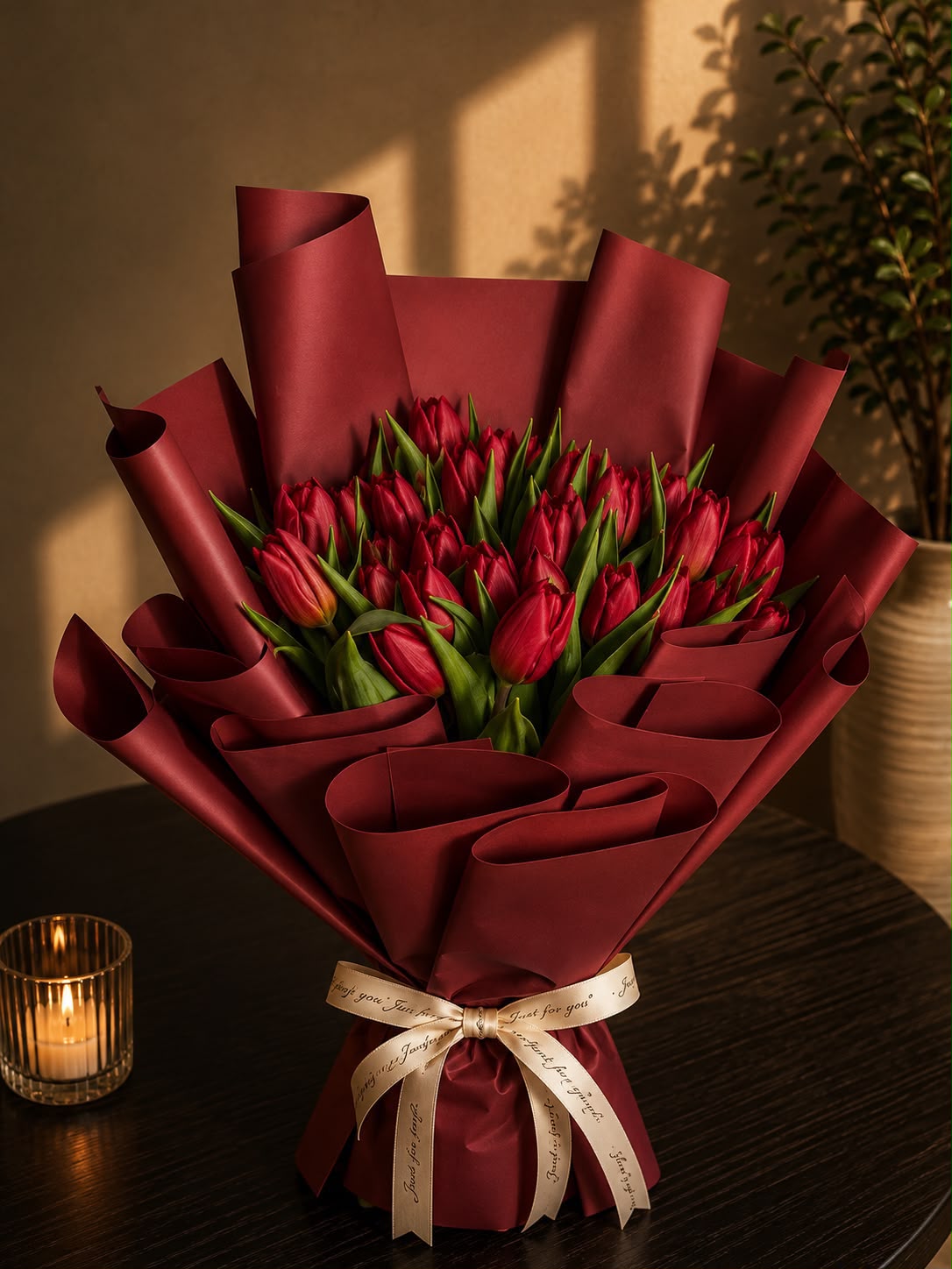 Ruby Tulip Embrance: red tulip in a bouquet