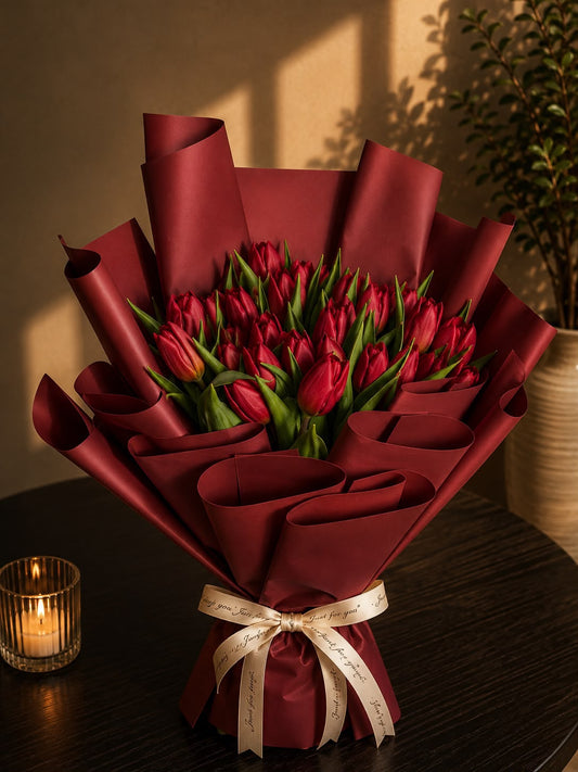 Ruby Tulip Embrance: red tulip in a bouquet