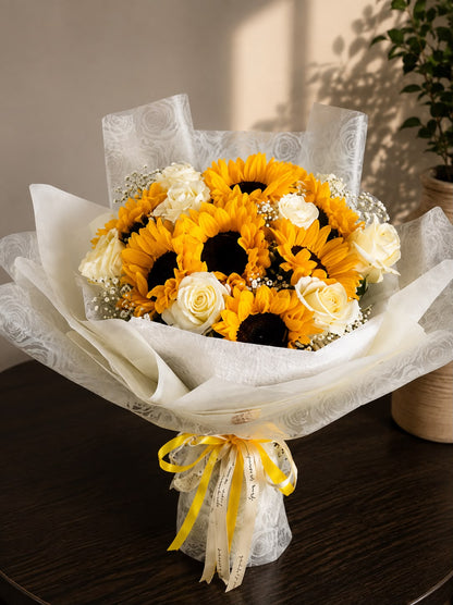 Golden Sunrise Bouquet: orange rose, solidago, tulip in a bouquet (view 2)