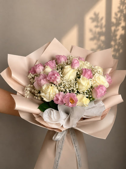 Blush Petal Harmony: pink tulip, gypsophila, rose in a bouquet
