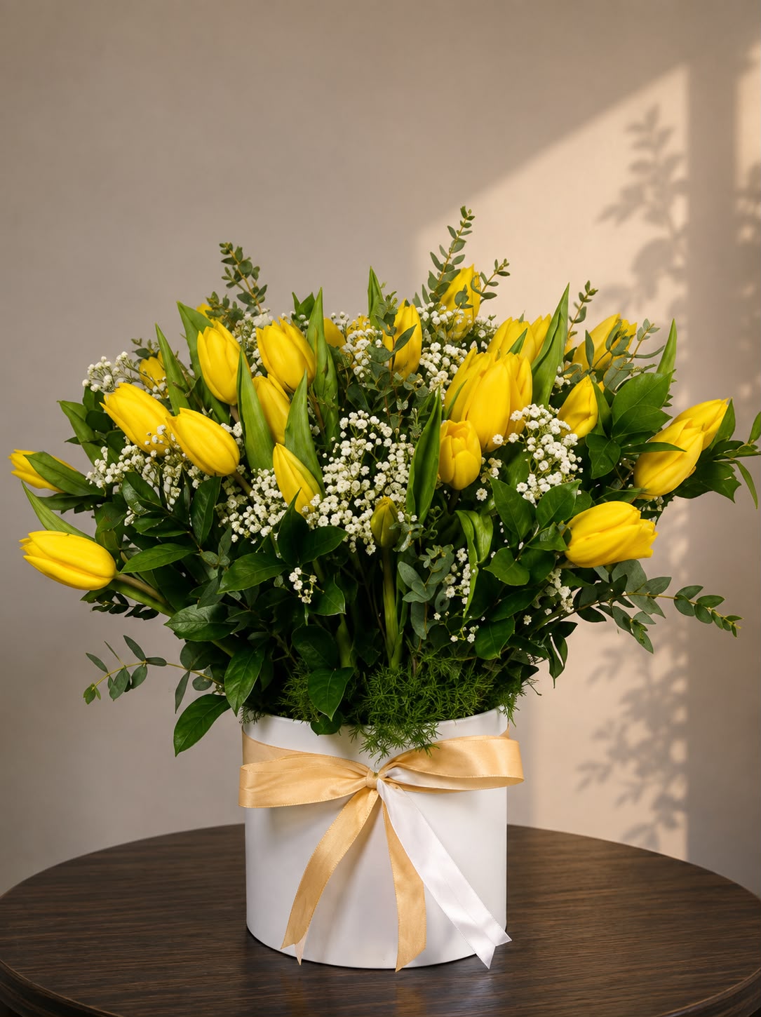 Sunshine Tulip Garden: yellow tulip, gypsophila in a gift box