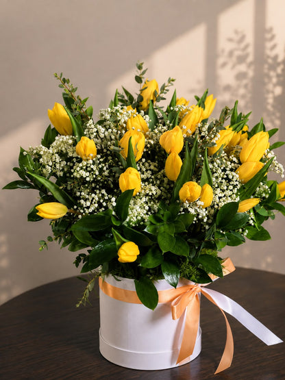 Sunshine Tulip Garden: yellow tulip, gypsophila in a gift box (view 2)