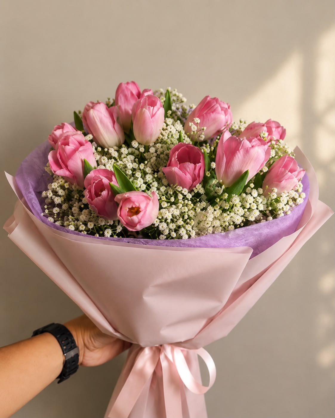 Pink Serenity Tulip Bouquet: pink tulip, gypsophila in a bouquet