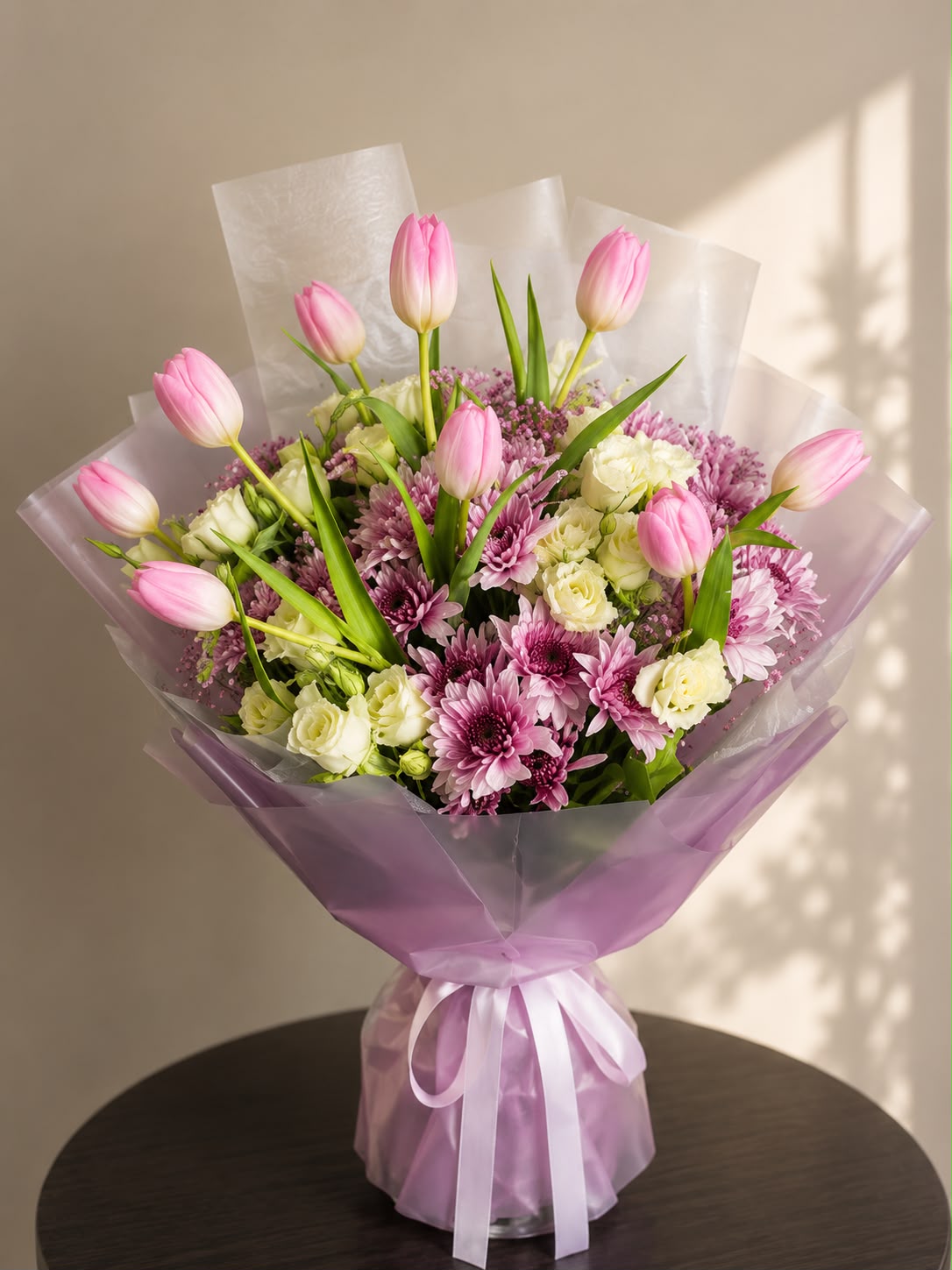 Pink Tulip Harmony: pink tulip, chrysanthemum, rose in a bouquet