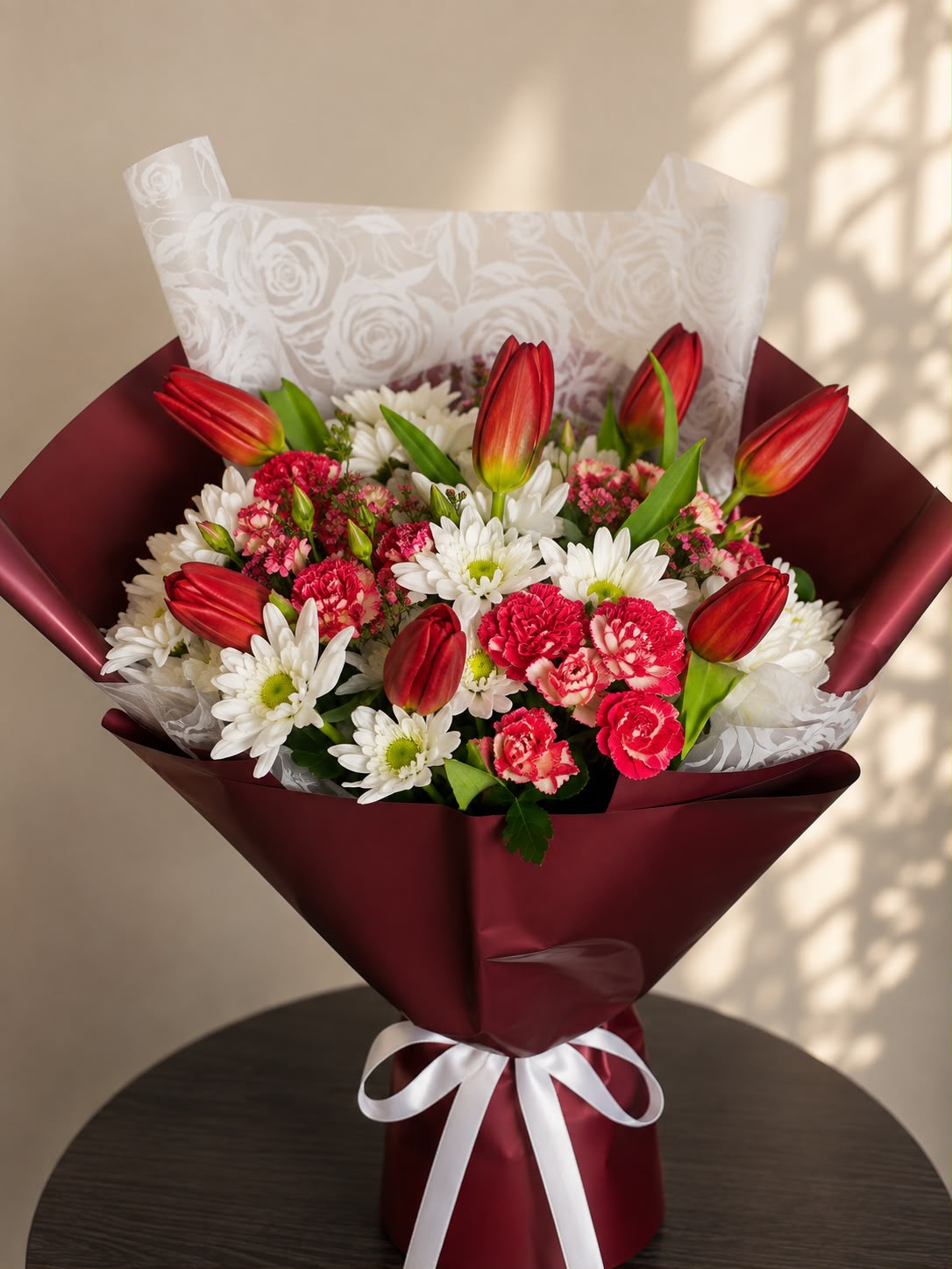 Tulip Delight: red tulip, chrysanthemum, rose in a bouquet