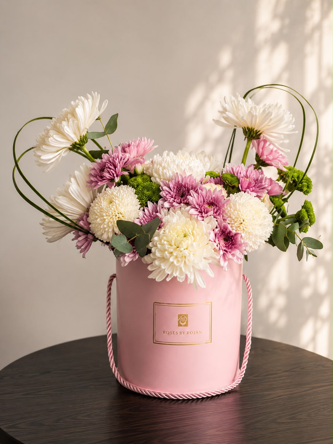 Soft Bloom Symphony: cream and pink chrysanthemum, rose in a gift box