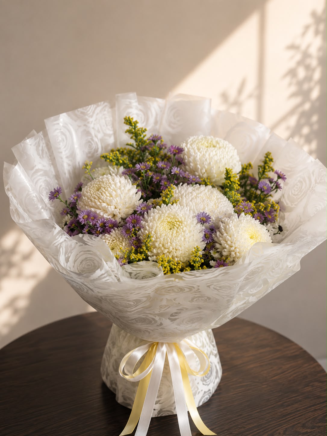 Ivory Meadow Bliss: white chrysanthemum, aster, solidago in a bouquet