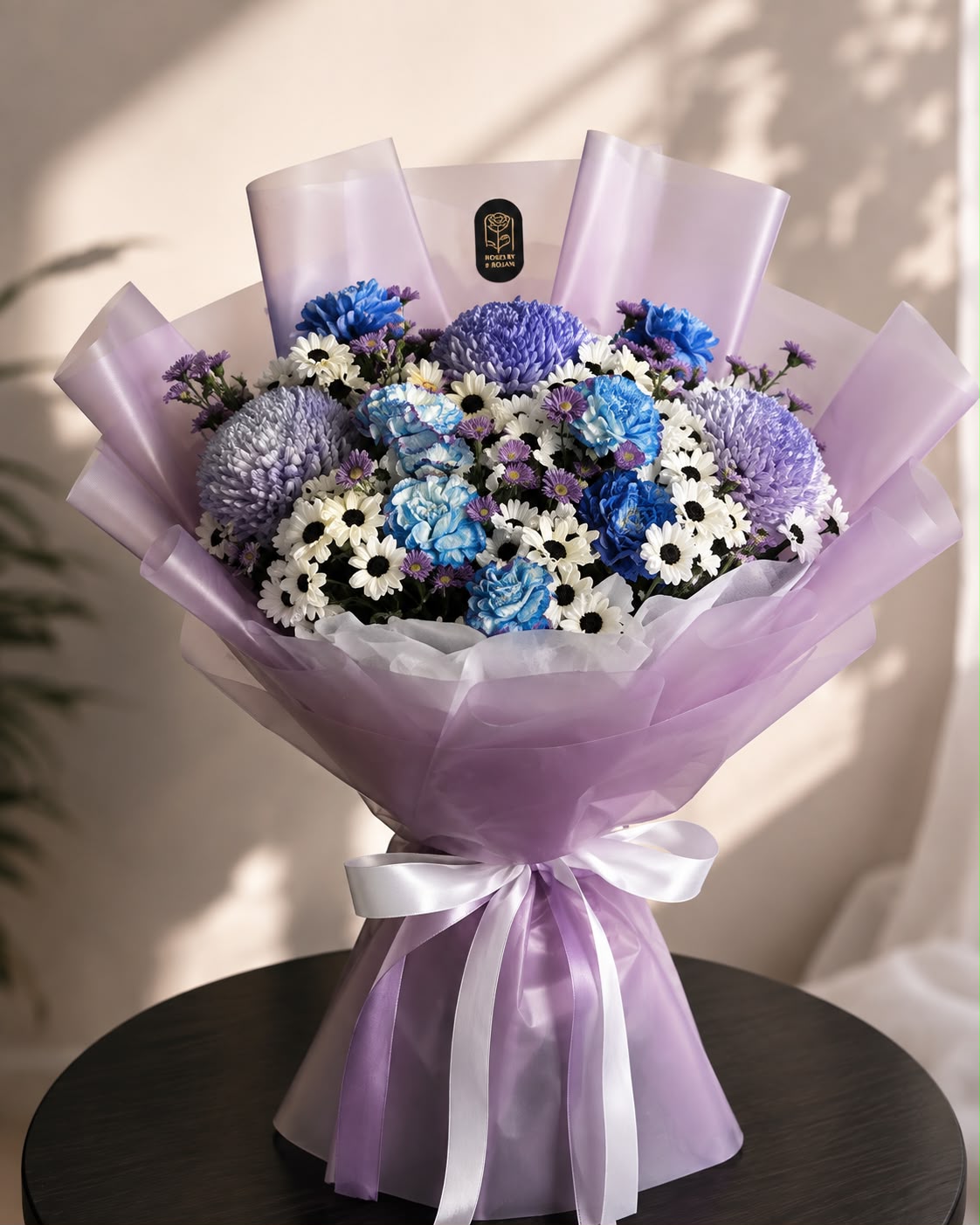 Lavender Sky Harmony: blue chrysanthemum, aster, carnation in a bouquet