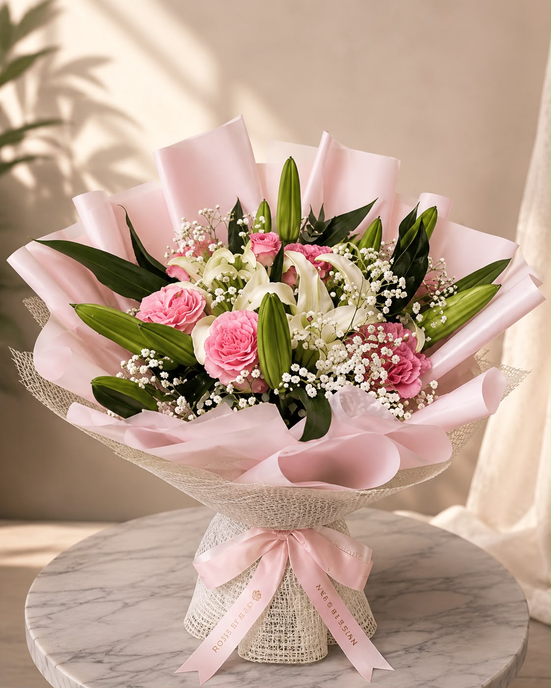 Blush Lily Elegance: pink rose, gypsophila, lily in a bouquet