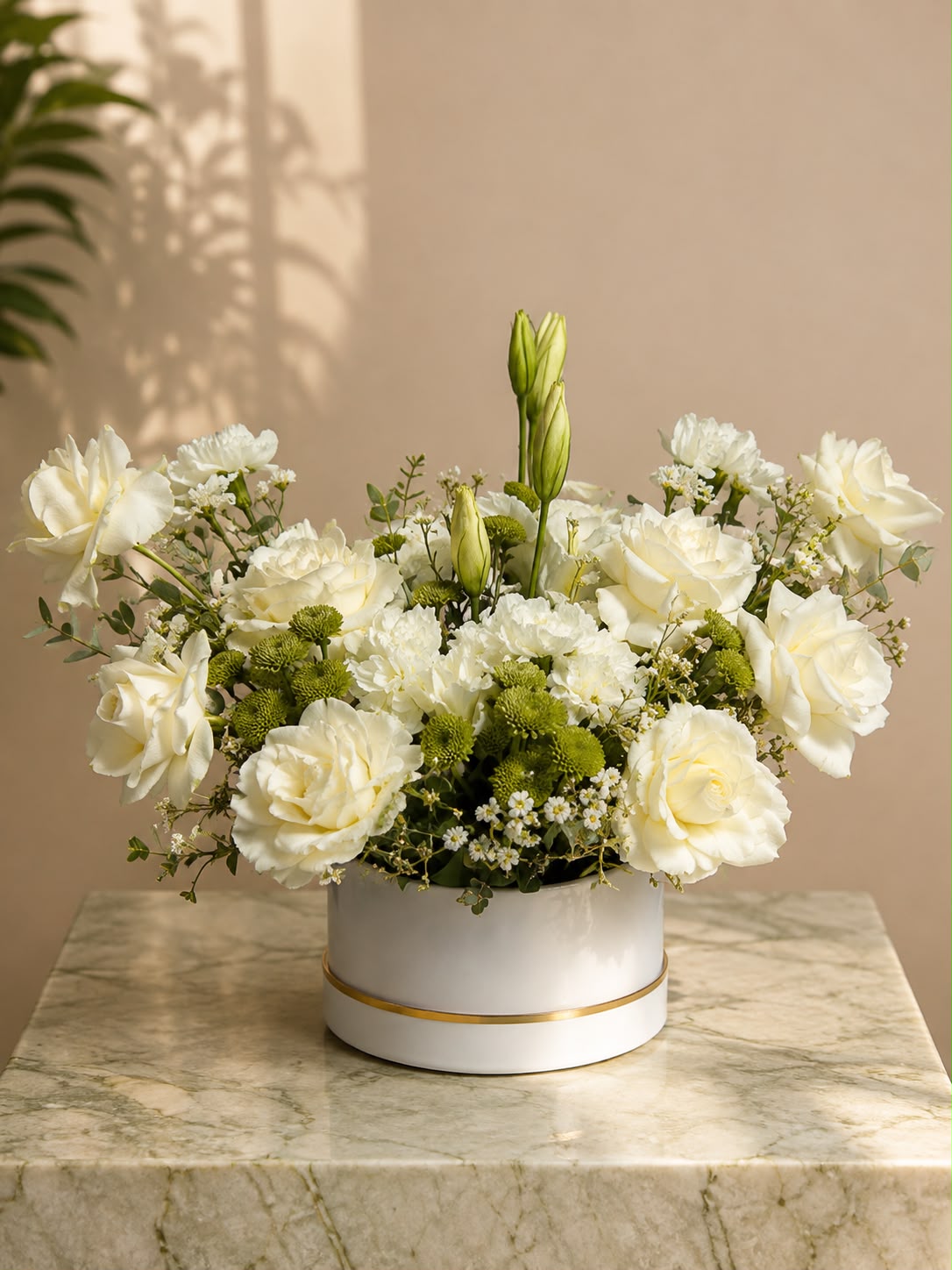 White Harmony: white rose, chrysanthemum, lily in a gift box