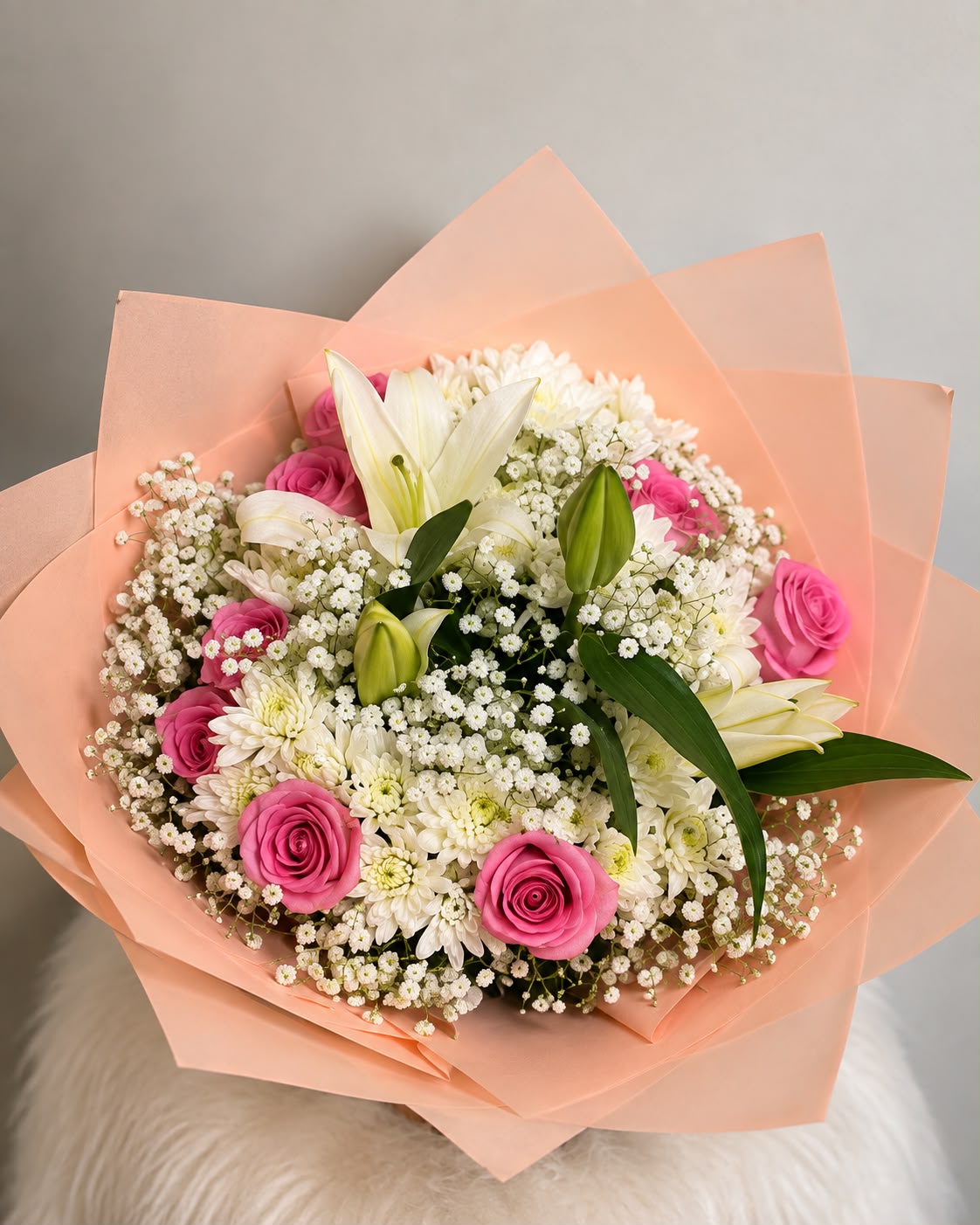 Pink Lily & Rose Bouquet: pink rose, chrysanthemum, lily in a bouquet