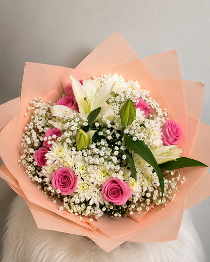 Pink Lily & Rose Bouquet: pink rose, chrysanthemum, lily in a bouquet