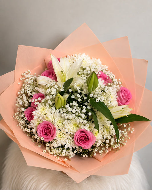 Pink Lily & Rose Bouquet: pink rose, chrysanthemum, lily in a bouquet