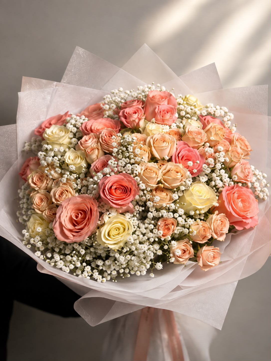Pink Cloud: pink and white rose in a bouquet