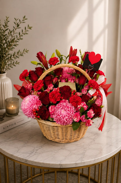 Scarlet Embrace: pink and red rose, lily, peony in a basket