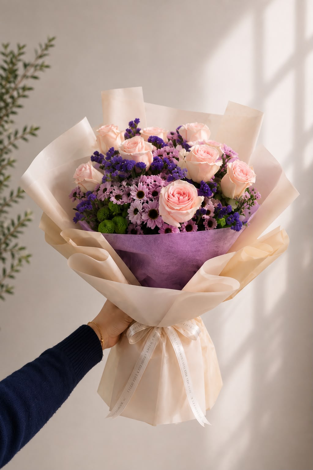 Blush and Bloom Elegance: pink and purple chrysanthemum, aster, rose in a bouquet